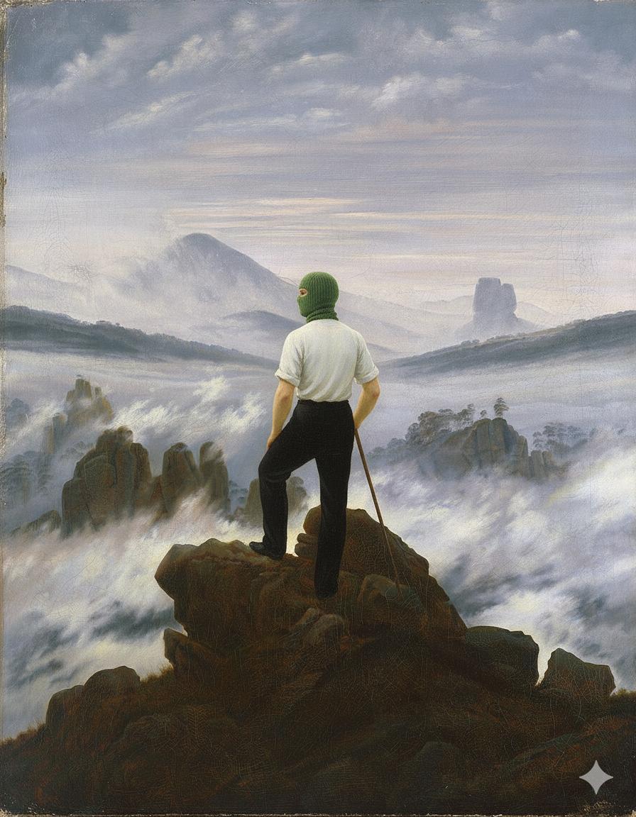 Company man above a sea of fog - Friedrich (1818)